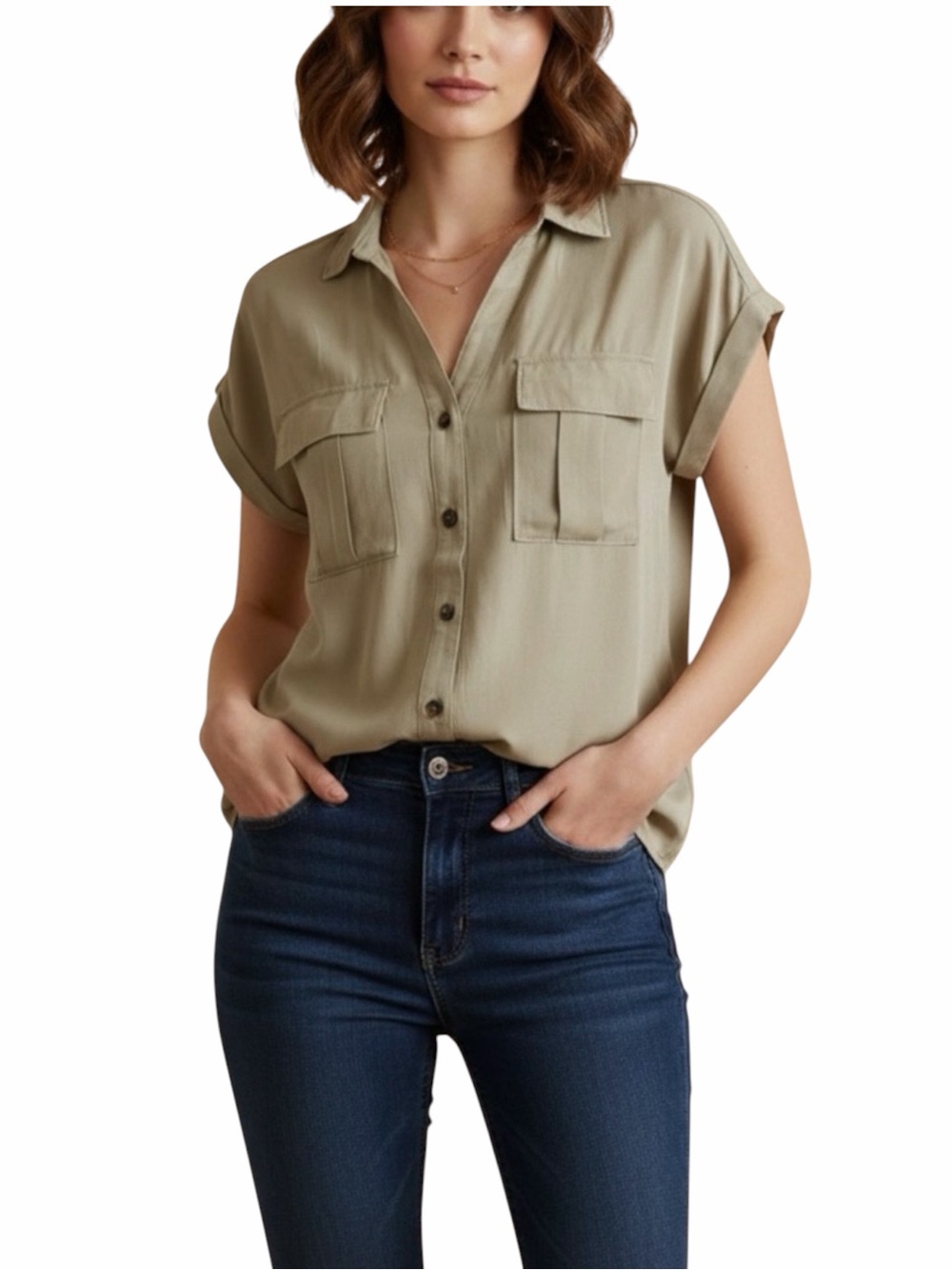 Zenana Utility Button Front Rolled Cap Sleeve Top, Size S, L, XL